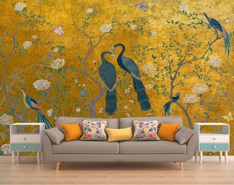 Peacock Chinoiserie Mural Wallpaper - Birds and Flowers, Peel and Stick