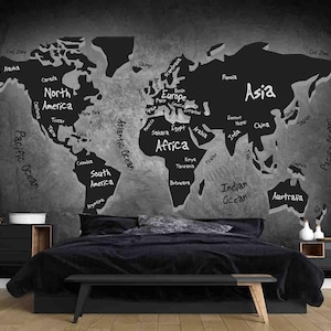 World Map Wallpaper - Removable Wallpaper - Peel and Stick - Black World Map Wallpaper - Wall Decor - Map Wallpaper