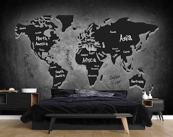 Black World Map Wallpaper – Peel and Stick, Removable Wall Decor