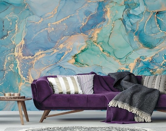 Blue Marble Wallpaper - Fluid Art - Abstract Wallpaper - Removable Wallpaper - Peel and Stick - Gilded Marble Mural - Luxury Wallpaper