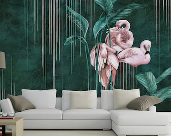 Flamingo Wallpaper - Vintage Mural - Removable Wallpaper - Peel and Stick - Animal Wallpaper