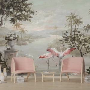 Carta da parati con fenicotteri tropicali - Carta da parati rimovibile - Stacca e incolla - Carta da parati tropicale - Carta da parati Art Déco - Murale di fenicotteri