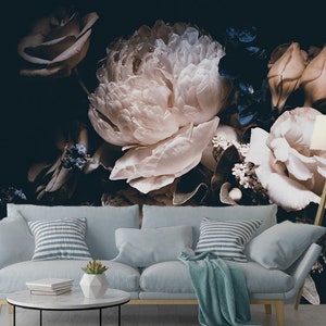 Dark Peony Floral Wallpaper - Bouquet Flower Wallpaper - Dark Floral Mural - Removable Wallpaper - Peel and Stick - Floral Wallpaper