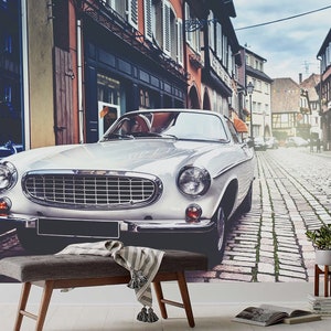 Vintage White Car Wallpaper - Classic Car Mural - Removable Wallpaper - Peel and Stick - Art Deco Wallpaper