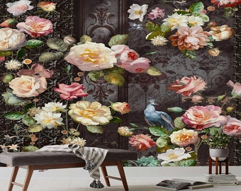 Roses and Peacock Wallpaper - Flowers Mural - Removable Wallpaper - Peel and Stick - Floral Wallpaper - Wall Decor