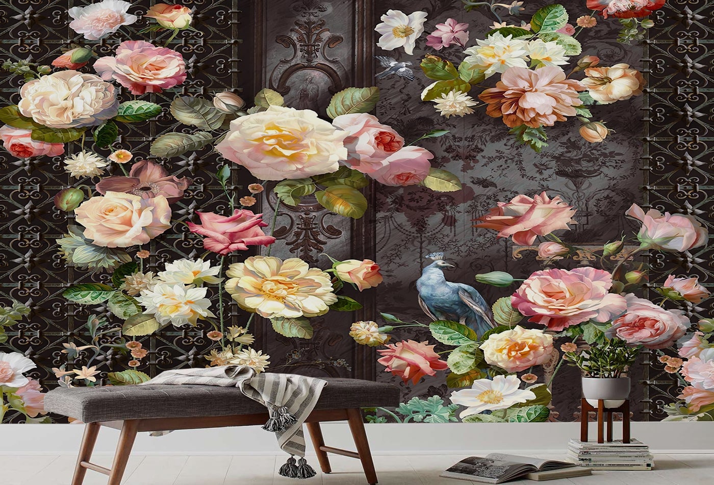 バラと孔雀の壁画壁紙 – 貼ってはがせる花柄の壁飾り - Etsy 日本