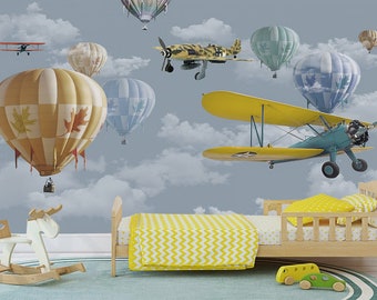 Air Balloons and Planes Wallpaper - Removable Wallpaper - Peel and Stick - Nursery Wallpaper - Kids Room