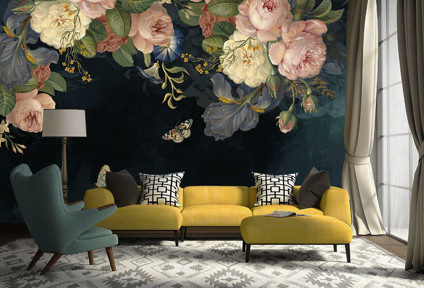 Dark Floral Wallpaper Peony Flower Mural Removable Wallpaper Peel and ...