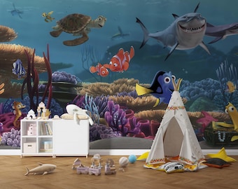 Papel de Parede Colorido com Vida Marinha Subaquática | Removível e Autoadesivo | Decoração de Parede para Quarto Infantil