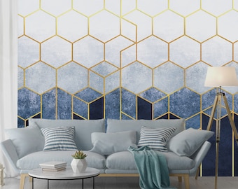 Golden Hexagon Wallpaper - Grey & Blue Background - Removable Wallpaper - Peel and Stick - Geometric Pattern Wallpaper - Wall Decor