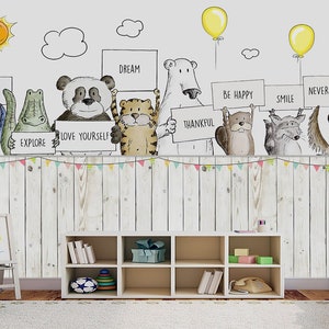 Carta da parati Messaggi significativi di simpatici animali, carta da parati rimovibile, peel and stick, carta da parati per cameretta dei bambini, murale per la camera dei bambini