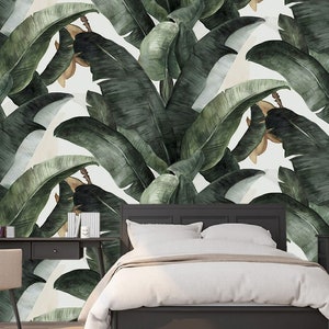 Carta da parati con foglie di banana botanica - Carta da parati rimovibile - Stacca e incolla - Carta da parati tropicale - Carta da parati Art Déco - Carta da parati moderna