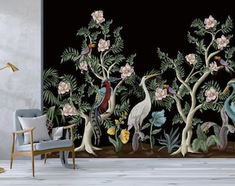 Dark Chinoiserie Wallpaper - Peacock and Peony Mural - Vintage Mural - Removable Wallpaper - Peel and Stick - Birds and Flowers Mural