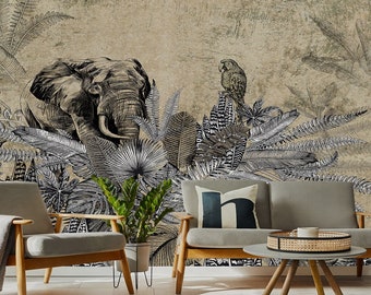 Elephant and Parrot Wallpaper - Amazon Mural - Removable Wallpaper - Peel and Stick - Tropical Wallpaper