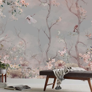 Birds & Flowers Wallpaper - Removable Wallpaper - Peel and Stick - Floral Wallpaper - Wall Decor