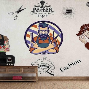 Hairdresser Wallpaper - Barber Shop Wall Mural - Removable Wallpaper - Peel and Stick - Barber Haircut Supplies Wallpaper