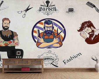 Hairdresser Wallpaper - Barber Shop Wall Mural - Removable Wallpaper - Peel and Stick - Barber Haircut Supplies Wallpaper