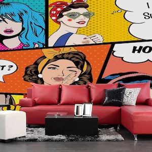 Pop Art Wallpaper, Pop Art Faces Mural - Retro Pop Art Mural - Removable Wallpaper - Peel and Stick- Art Deco Wallpaper - Wall Decor