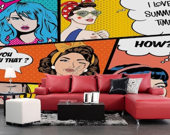 Retro Pop Art Faces Mural, Removable Wallpaper