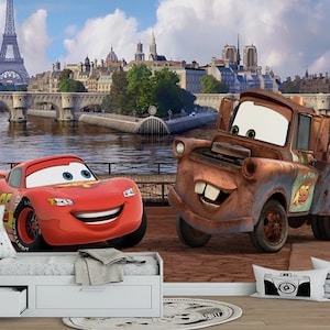 Bliksem McQueen met Tow Mater Wallpaper - auto's muurschildering - verwisselbare wallpaper - Peel and Stick - kinderkamer behang - kinderkamer