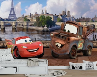 Lightning McQueen with Tow Mater Wallpaper - Cars Mural - Removable Wallpaper - Peel and Stick - Nursery Wallpaper - Kids Room