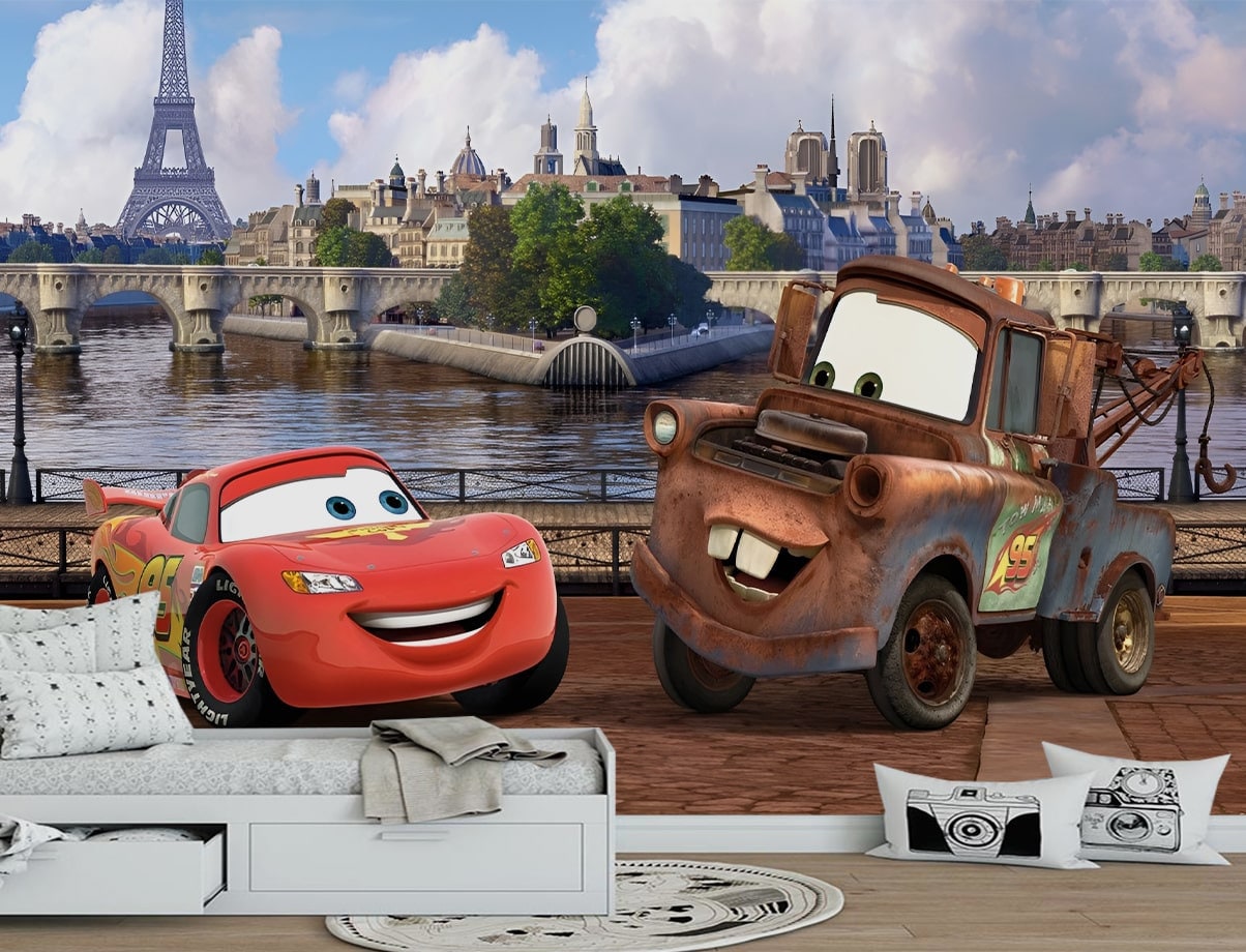 Lightning McQueen with Tow Mater Wallpaper - Cars Mural - Removable Wallpaper - Peel and Stick - Nursery Wallpaper - Kids Room