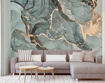 Green Gilded Marble Wallpaper – Abstract Peel and Stick Mural