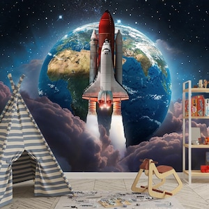Spacecraft and World Wallpaper - Removable Wallpaper - Peel and Stick - Nursery Wallpaper - Kids Room