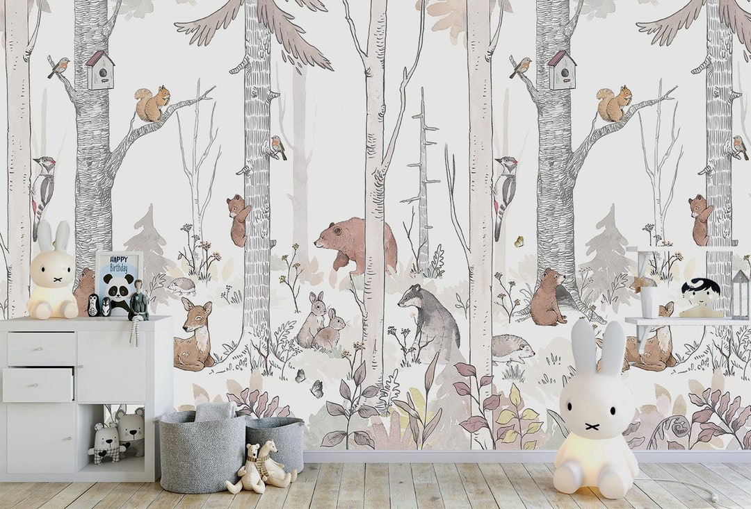 Cute Forest Animals Wallpaper - Kids Nursery Mural - Peel and Stick - Etsy