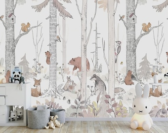Cute Animals in the Forest Wallpaper - Removable Wallpaper - Peel and Stick - Eco Friendly Wallpaper- Nursery Wallpaper - Kids Room Mural