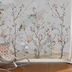 Carta da parati con uccelli sui rami degli alberi - Carta da parati con uccelli e fiori - Carta da parati rimovibile - Stacca e incolla - Carta da parati floreale - Decorazione da parete