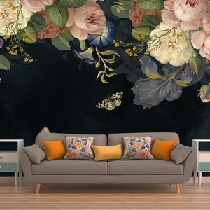 Dark Floral Wallpaper - Peony Flower Mural - Removable Wallpaper - Peel and Stick - Floral Wallpaper - Wall Decor
