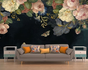 Fondo de pantalla floral oscuro - Mural de flores de peonía - Fondo de pantalla extraíble - Pelar y pegar - Fondo de pantalla floral - Decoración de pared