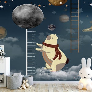 Planets and Cute Bear Wallpaper- Length measurement Wallpaper - Removable Wallpaper - Peel and Stick - Nursery Wallpaper - Kids Room