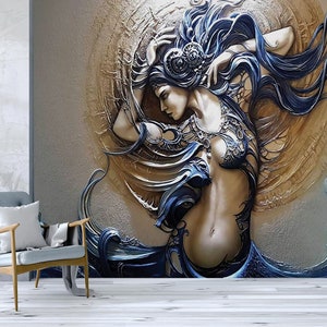 Carta da parati con donna in rilievo 3D - Carta da parati artistica dipinta - Carta da parati rimovibile - Stacca e attacca - Carta da parati artistica - Decorazione murale