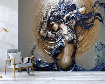 3D Embossed Lady Wallpaper- Painting Art Wallpaper - Removable Wallpaper - Peel and Stick - Art Wallpaper - Wall Decor