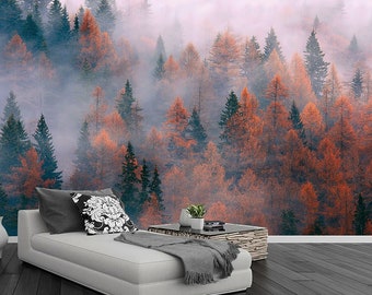 May include: A foggy forest scene with a mix of evergreen and deciduous trees. The deciduous trees are in shades of orange and red, creating a warm and inviting atmosphere. The fog adds a sense of mystery and depth to the scene.