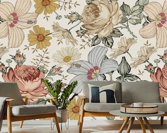 Watercolor Floral Wallpaper - Removable Wallpaper - Peel and Stick - Floral Wallpaper - Wall Decor