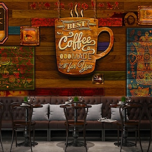 Cafe Tapete - Abnehmbare Tapete - Schälen und Aufkleben - Tapete für Kaffeetassen - Wanddekoration - Tapete für Kaffeestube