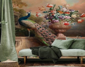 Peacock & Floral Mural Wallpaper - Vintage Style, Removable Peel and Stick