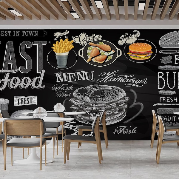 Fast Food Wallpaper - Burger Mural - Removable Wallpaper - Peel and Stick - Cafe Wallpaper - Wall Decor - Restaurant Wallpaper