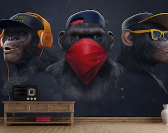 Funny Monkeys Wallpaper - Chimpanzee Mural - Pop Art Wallpaper - Retro Pop Art Mural - Removable Wallpaper - Peel and Stick - Wall Decor