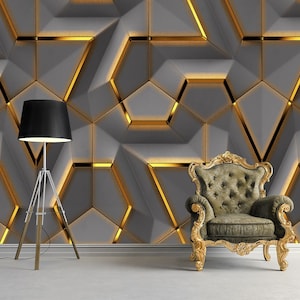 3D Gold Lines Geometric Shape Wallpaper - Grey Background - Removable Wallpaper - Peel and Stick - Geometric Pattern Wallpaper - Wall Decor