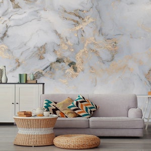 Grau & Gold Marmor Tapete - Abstrakte Tapete - Abnehmbare Tapete - Schälen und Aufkleben - Vergoldetes Marmor Wandbild - Luxus Tapete
