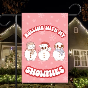 Funny Retro Snowman Character Rollin With My Snowmies Snowman 60s 70s Hippie Groovy Christmas Winter Seasonal Holiday Garden Banner