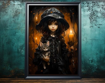 Kleine heks poster, Halloween kunst aan de muur, gotische schilderkunst, donker decor, Art Print, donkere academische wereld, sfeervolle stijl, vintage kunst