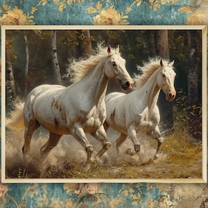 White Horses Run, Oil Style Paint, Animal Wall Art, Artistic Poster Print, Retro Home Decor, Dark Art, Atmospheric Style, Vintage Vibe