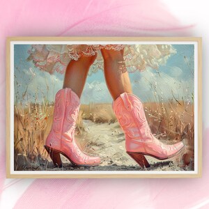 Coastal Cowgirl Walk, Printable Poster Art, Boots Trendy, Aesthetic Blue Pink, Preppy Cowgirl Dorm Room Wall Art Decor, Girly Digital