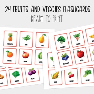 24 Fruits and Vegetables Flash Cards, Preschool Printables, Montessori Flash Cards for Kids, Homeschool Educational Prints, Learn Fruits