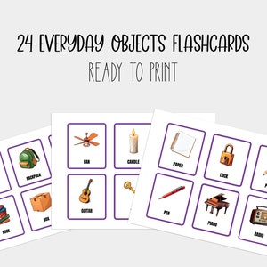 24 cartões flash de objetos do dia a dia, imprimíveis pré-escolares, cartões flash Montessori para crianças, impressões educacionais em casa, aprender objetos do dia a dia